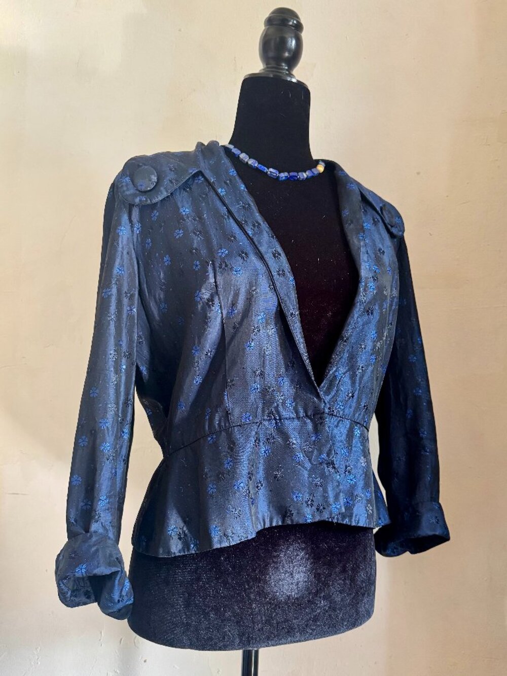 Vintage 40s Midnight Blue & Black Floral Brocade Peplum Jacket Size L